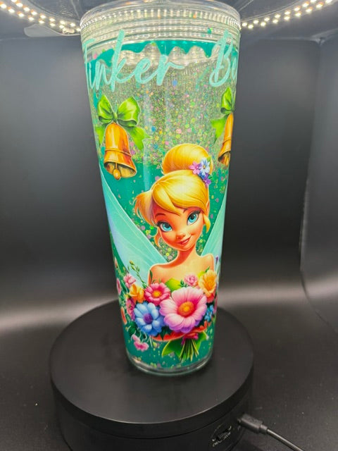 Tumbler de Tinker Bell con flores y glitter turquesa
