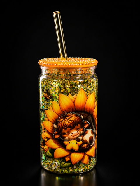 Snow Globe Sunflower Highland Cow Glitter Tumbler 16 oz