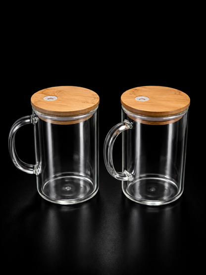 Clear Glass Cup with Bamboo Lid and Handle 15 oz
